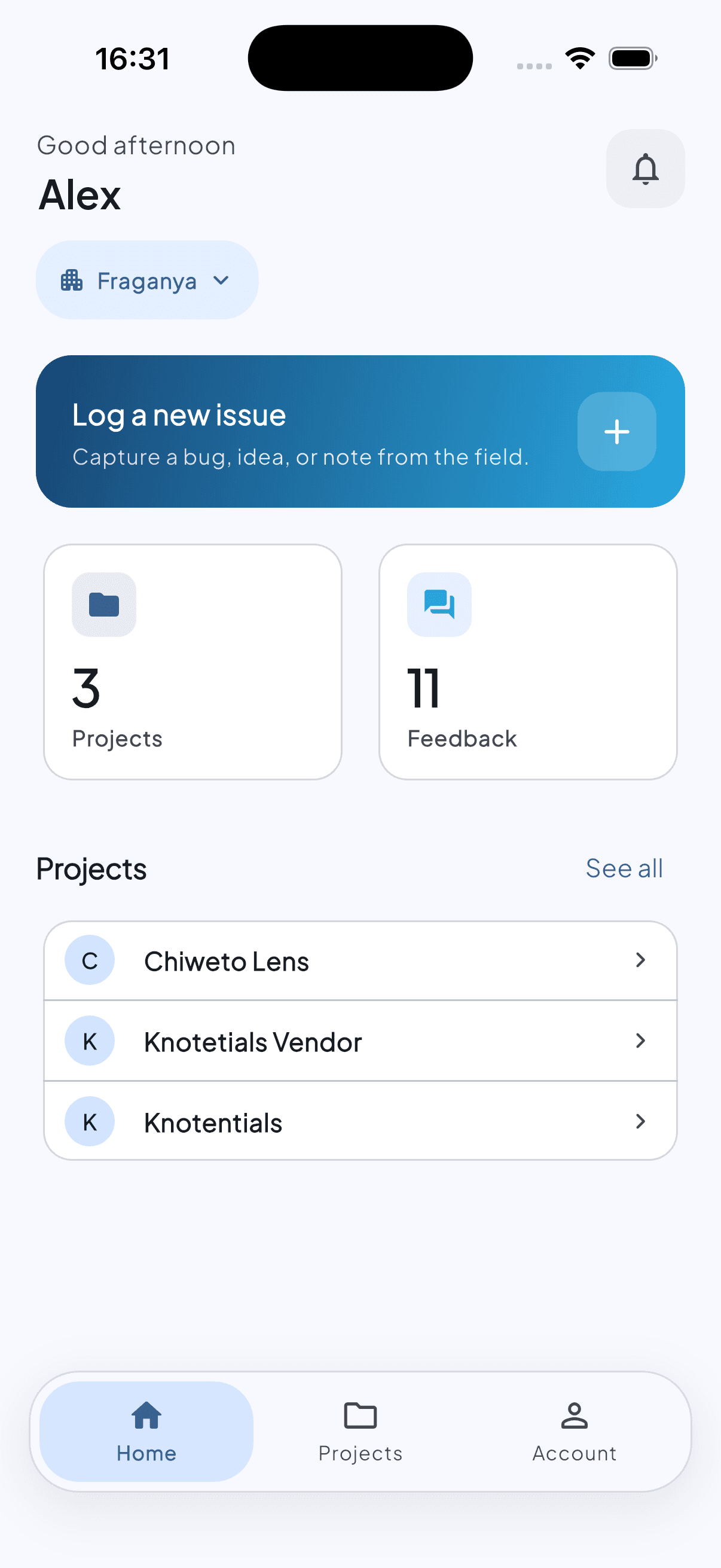 FeedLab mobile app dashboard showing projects and feedback counts